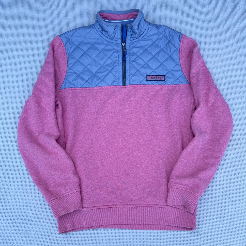Vineyard Vines Mens XS Pink Gray Quilted Yoke Quarter Zip Pullover Sweatshirt